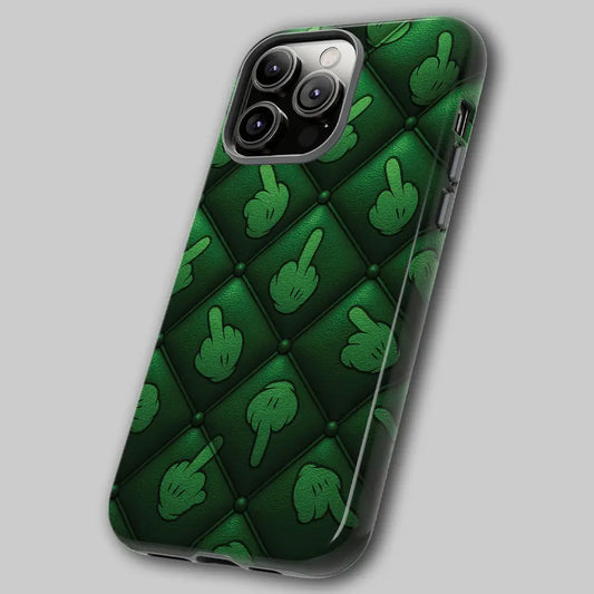 Angled view of grunge pattern phone case showing dual-layer shell.