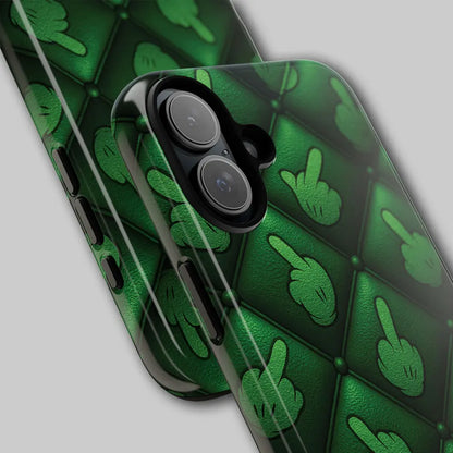 Close-up of vintage cartoon middle finger pattern on phone case.