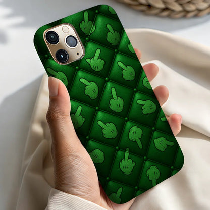 In-hand view of Finger Envy case highlighting the industrial green details.