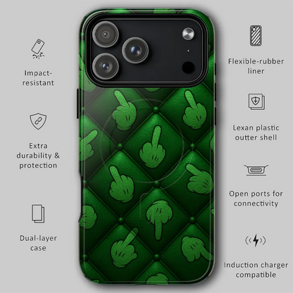 Graphic showing MagSafe snap-on features and shock absorption