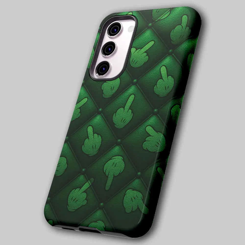 Angled view of grunge pattern phone case showing dual-layer shell.