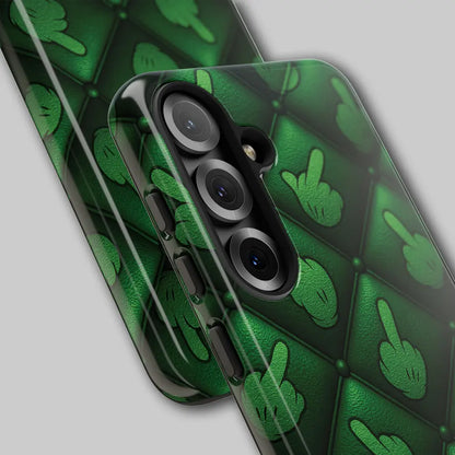 Close-up of vintage cartoon middle finger pattern on phone case.