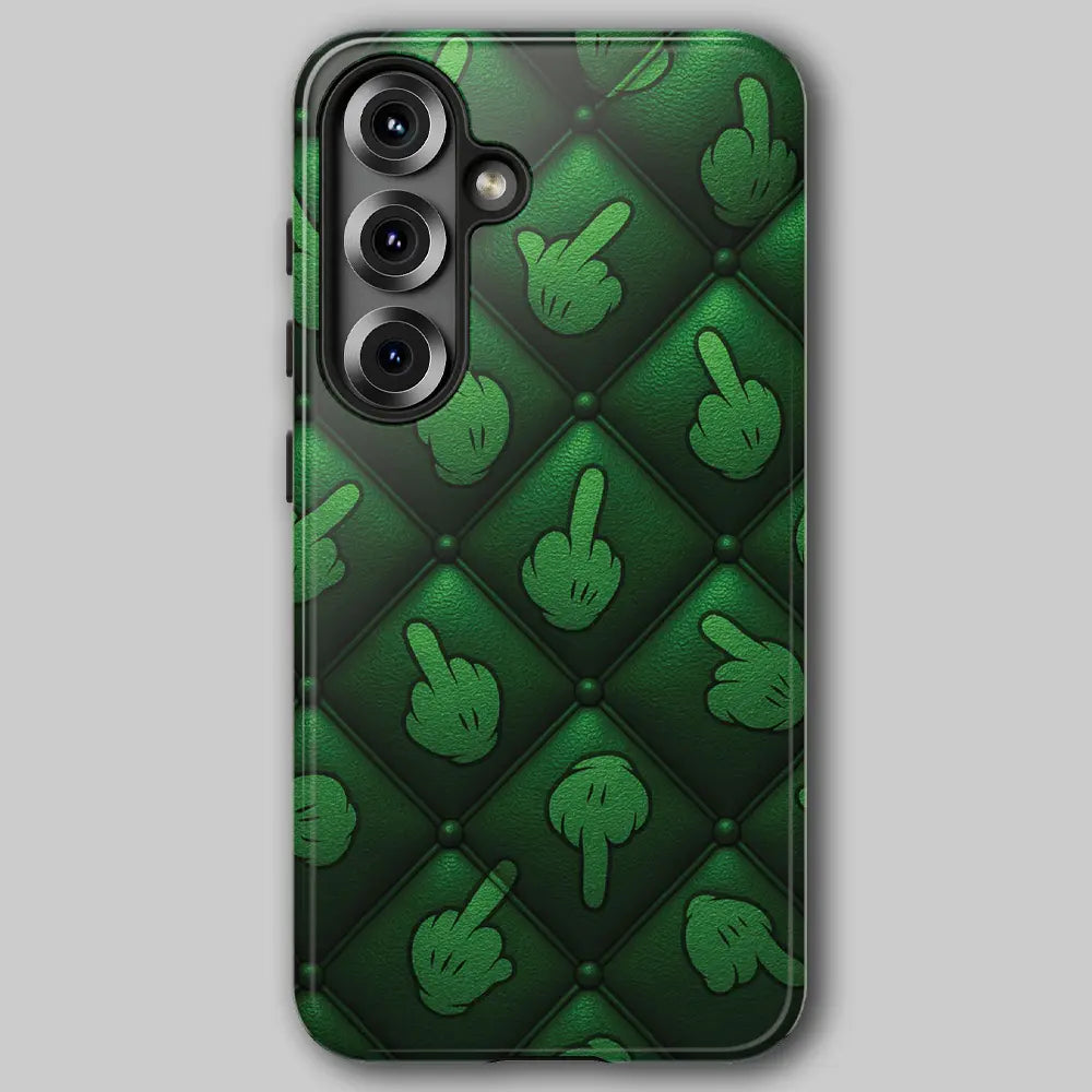 Finger Envy tough phone case featuring dark green tufted texture and cartoon gloves.
