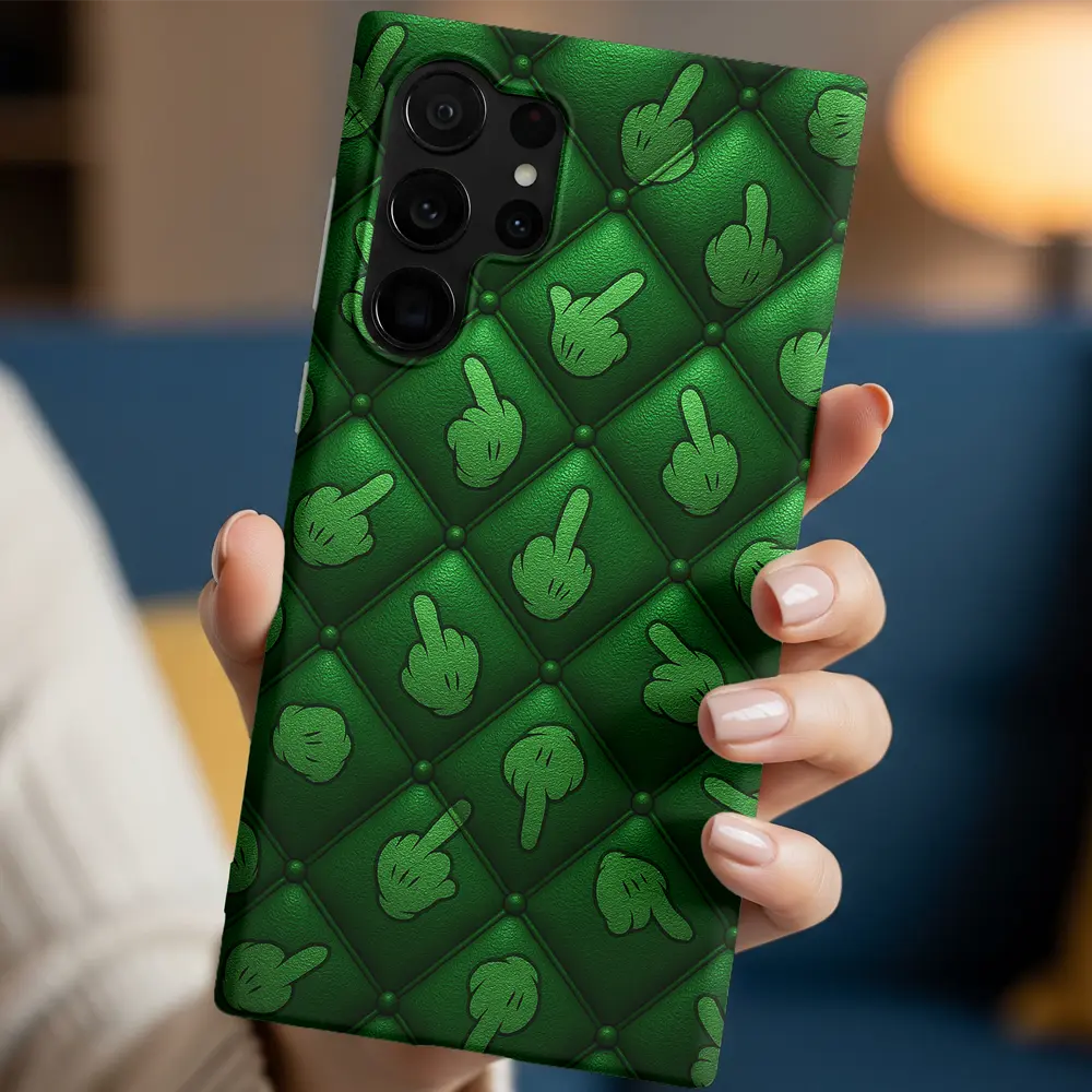 In-hand view of Finger Envy case highlighting the industrial green details.