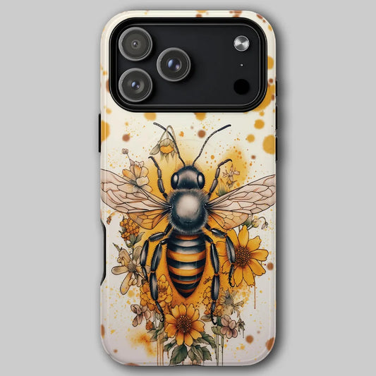 Golden Garden Bee tough phone case with warm golden floral cottage core artwork. against soft grey background 