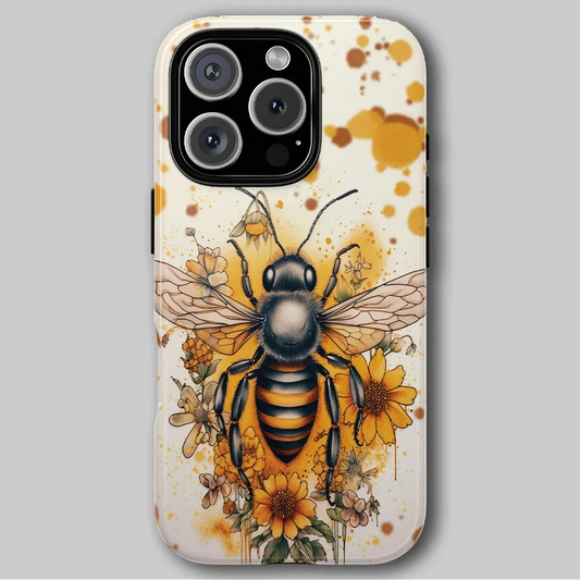 Golden Garden Bee tough phone case with warm golden floral cottage core artwork against soft grey background.
