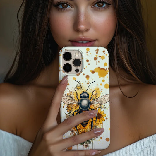 In-hand lifestyle shot holding the Golden Garden Bee case with warm amber tones and glossy finish.