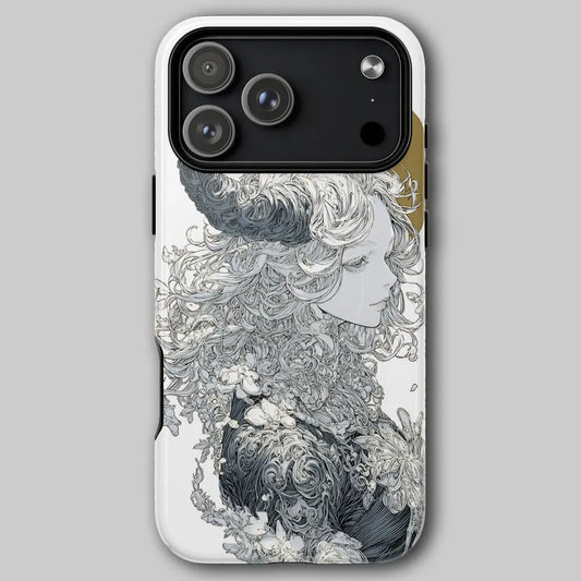 Gothic horned goddess phone case front view featuring mythic feminine figure with curved horns and soft celestial halo.