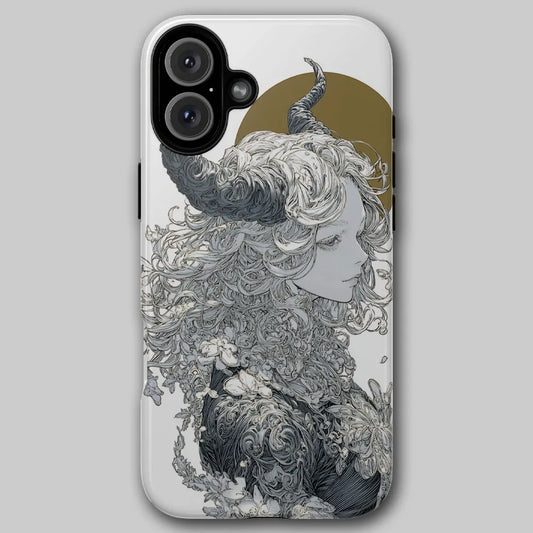 Gothic horned goddess phone case front view featuring mythic feminine figure with curved horns and soft celestial halo.