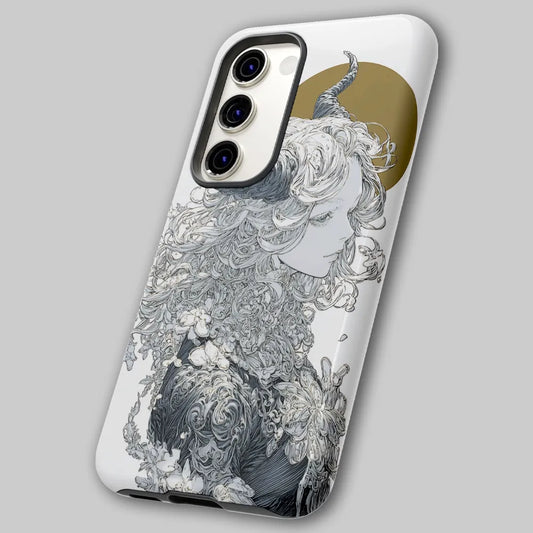 Gothic horned goddess tough phone case angled view showing flowing linework and balanced celestial composition.