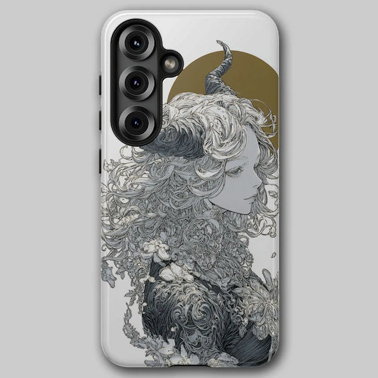 Gothic horned goddess phone case front view featuring mythic feminine figure with curved horns and soft celestial halo.