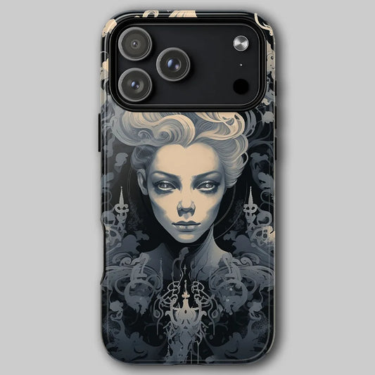 Gothic White Witch tough phone case front view with glowing white witch line artwork against soft grey background.
