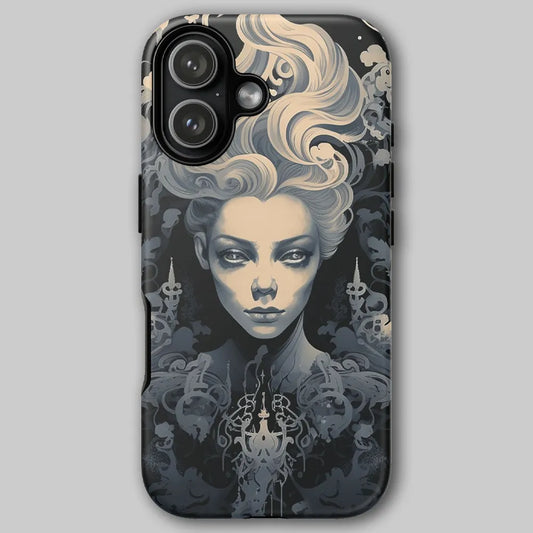 Gothic White Witch tough phone case front view with glowing white witch line artwork against soft grey background.