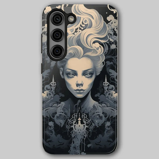 Gothic White Witch tough phone case front view with glowing white witch line artwork against soft grey background.