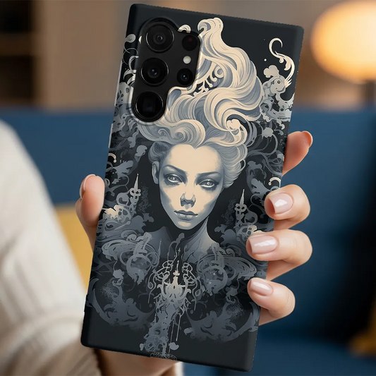 In-hand lifestyle shot of someone holding the Gothic White Witch tough phone case, highlighting the design and finish.