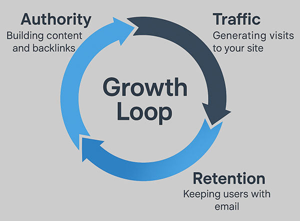 Growth Loop diagram showing how authority, traffic, and retention connect in a continuous cycle to build content, generate site visits, and keep users through email.