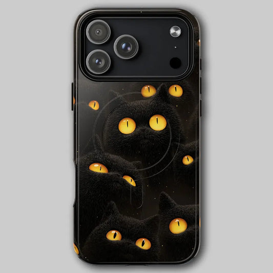 Hallo-Kitty dark aesthetic phone case, front view with glowing amber cat eyes on black background