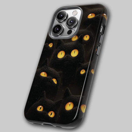 Hallo-Kitty tough phone case, angled view showing wraparound dark feline artwork
