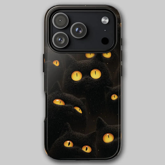 Hallo-Kitty dark aesthetic phone case, front view with glowing amber cat eyes on black background