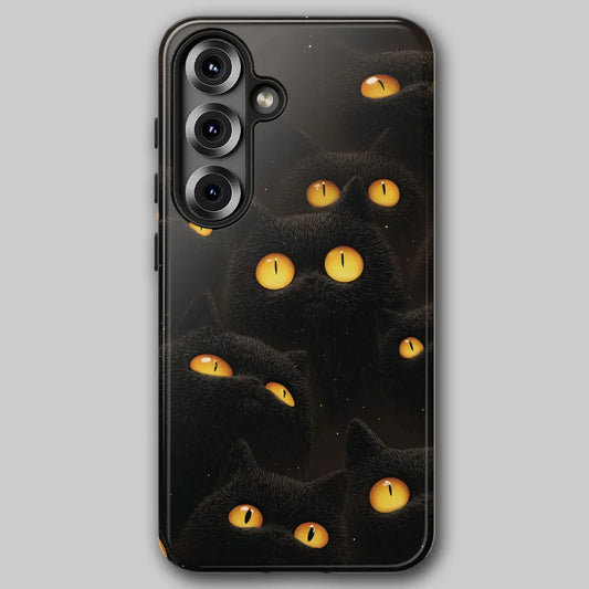 Hallo-Kitty dark aesthetic phone case, front view with glowing amber cat eyes on black background