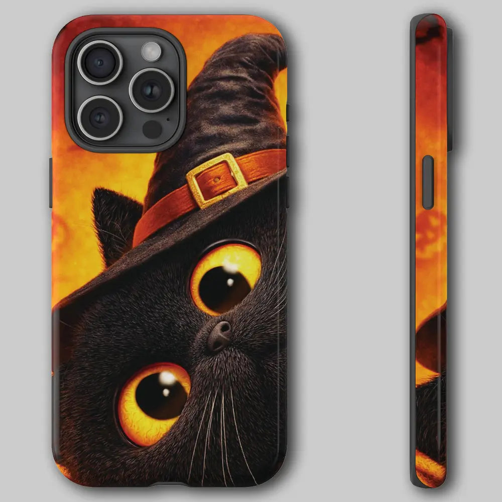 Front and side view of Halloween Witch Kitty case showing raised camera bezel.