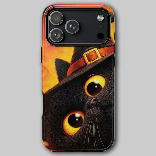 Hallo Witch Kitty tough phone case featuring a black cat and orange background.