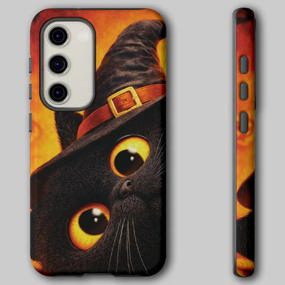 Front and side view of Halloween Witch Kitty case showing raised camera bezel.