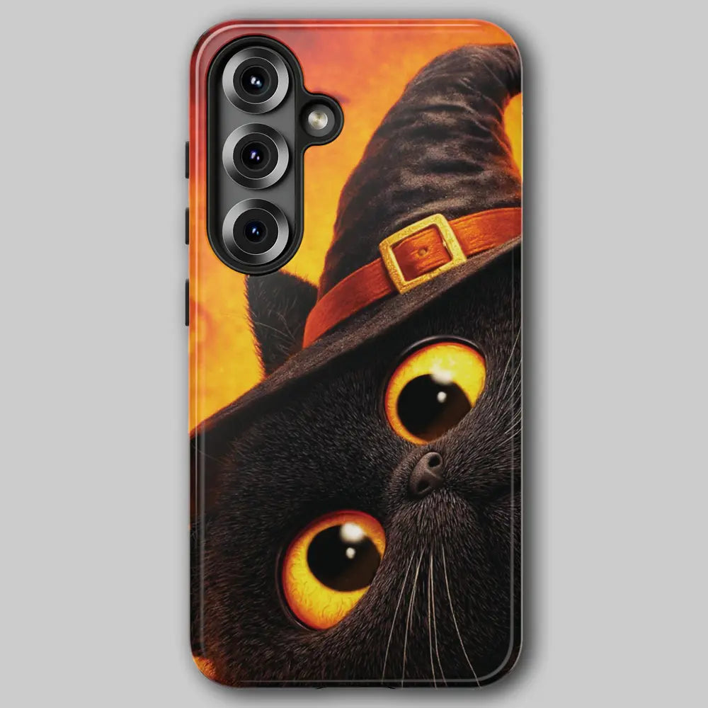 Hallo Witch Kitty tough phone case featuring a black cat and orange background.
