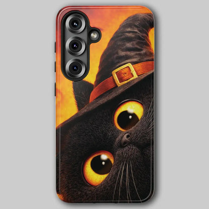 Hallo Witch Kitty tough phone case featuring a black cat and orange background.