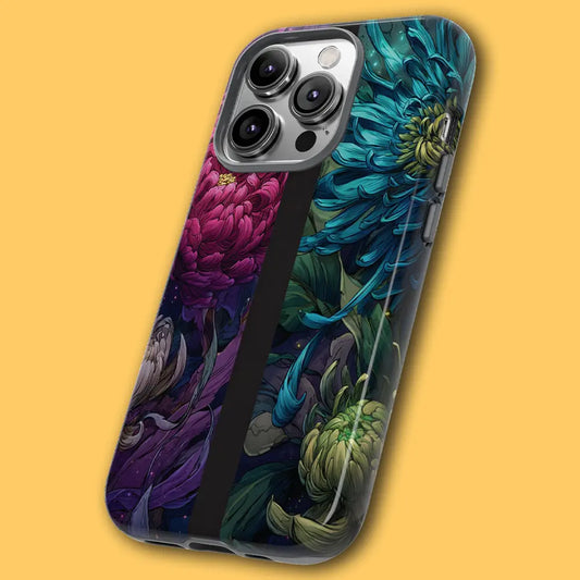 Angled view of dark fantasy floral phone case showing dual-layer shell.