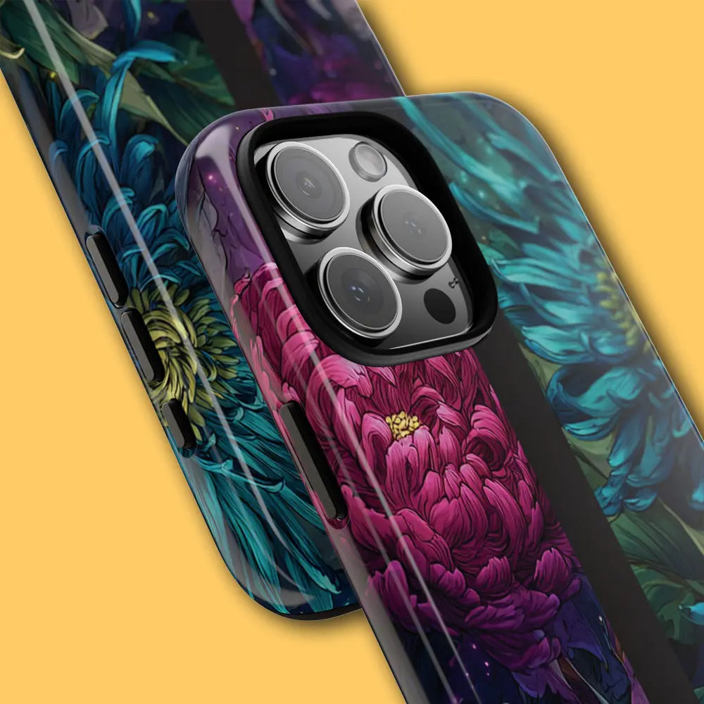 Close-up of illustrative texture and glowing particles on phone case.