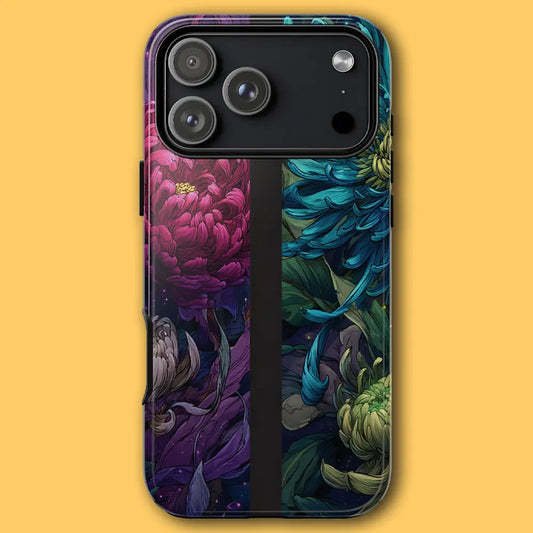 Nocturne Chrysanthemum tough phone case featuring glowing magenta and teal flowers.