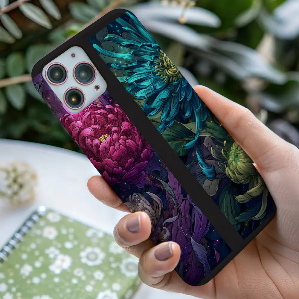 In-hand view of Nocturne Chrysanthemum case highlighting vibrant petals.