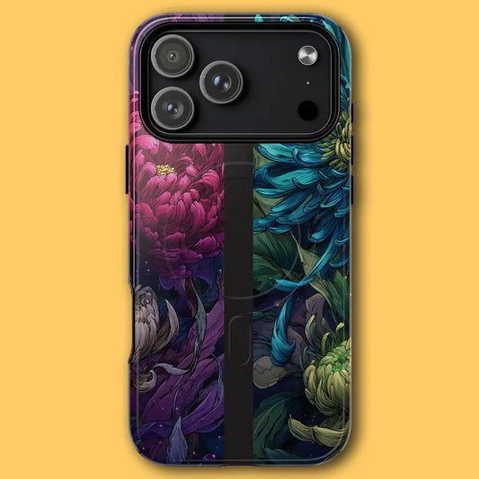 Nocturne Chrysanthemum MagSafe phone case with dark glowing floral art.