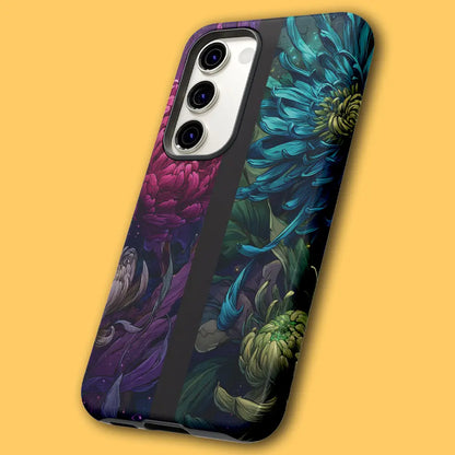 Angled view of dark fantasy floral phone case showing dual-layer shell.