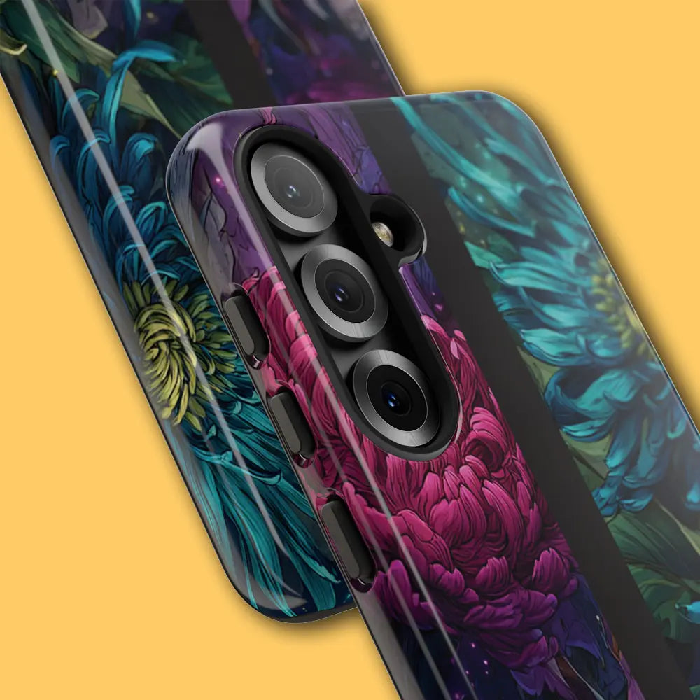 Close-up of illustrative texture and glowing particles on phone case.