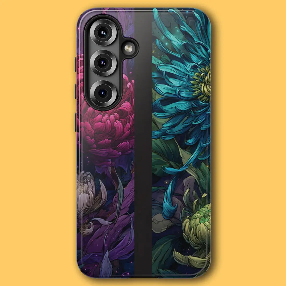 Nocturne Chrysanthemum tough phone case featuring glowing magenta and teal flowers.