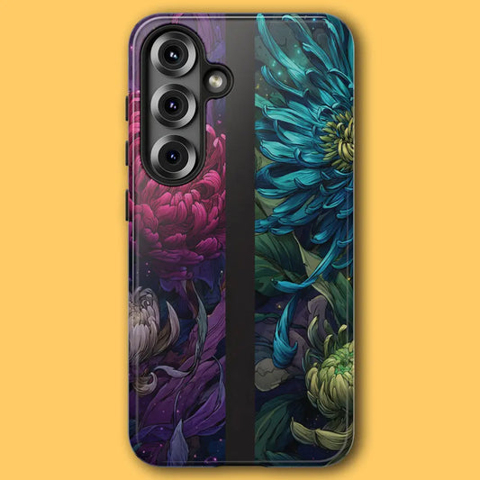 Nocturne Chrysanthemum tough phone case featuring glowing magenta and teal flowers.