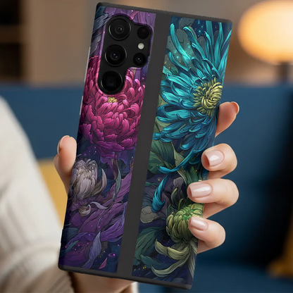 In-hand view of Nocturne Chrysanthemum case highlighting vibrant petals.