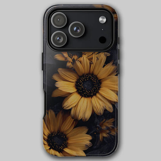 Front view of Nocturne Sunflower tough phone case featuring dark moody sunflowers on a charcoal background.