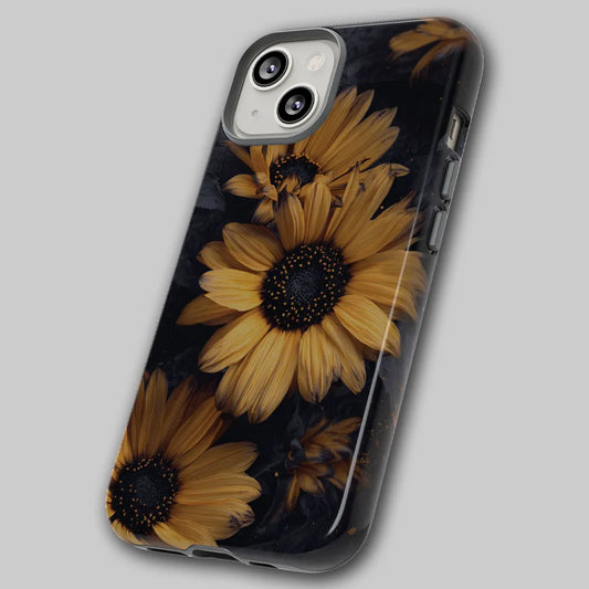 Angled view of the dark boho floral phone case showing the dual-layer protective shell.