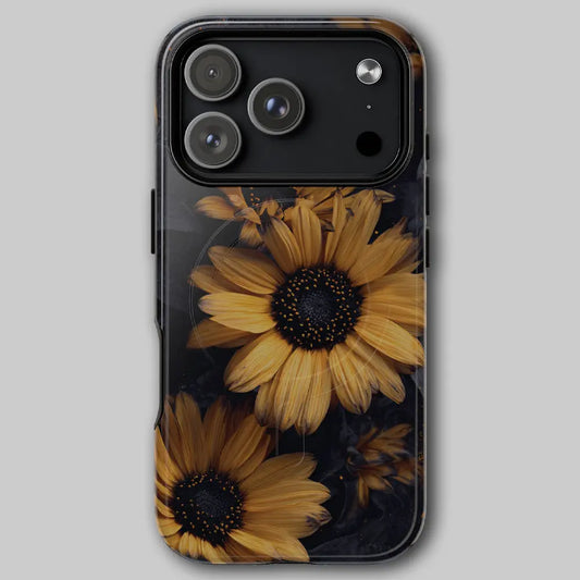 Front view of Nocturne Sunflower MagSafe phone case with dark golden floral art.