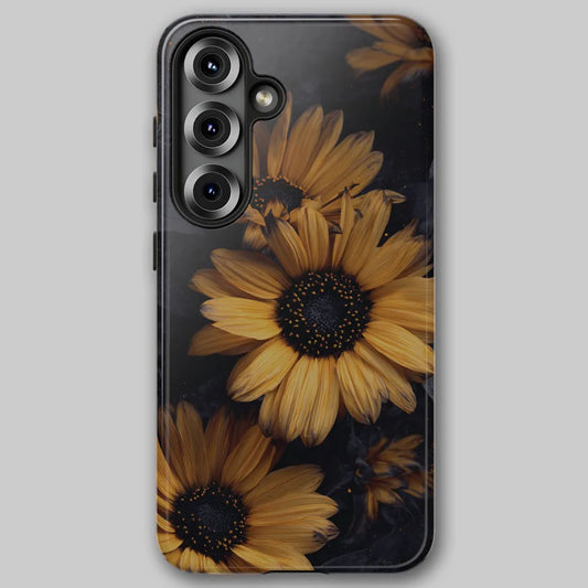 Front view of Nocturne Sunflower tough phone case featuring dark moody sunflowers on a charcoal background.