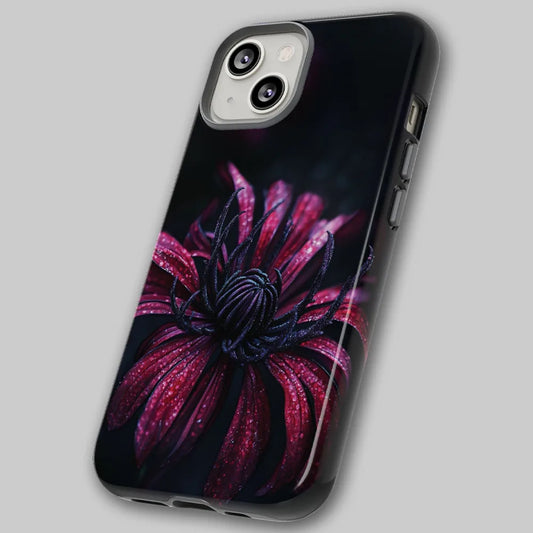 Angled view of Red Mum tough case showing dual-layer edges and deep crimson flower detailing.