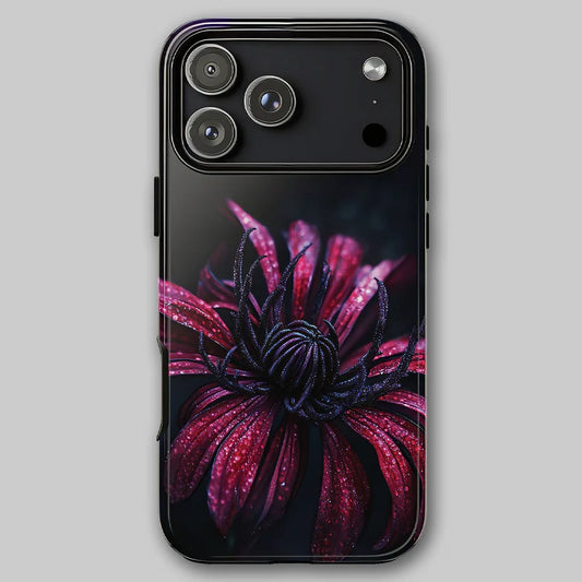 Red Mum tough phone case on soft dark background with dark gothic red floral artwork.