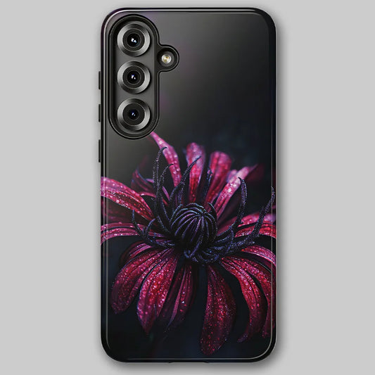 Red Mum tough phone case on soft dark background with dark gothic red floral artwork.