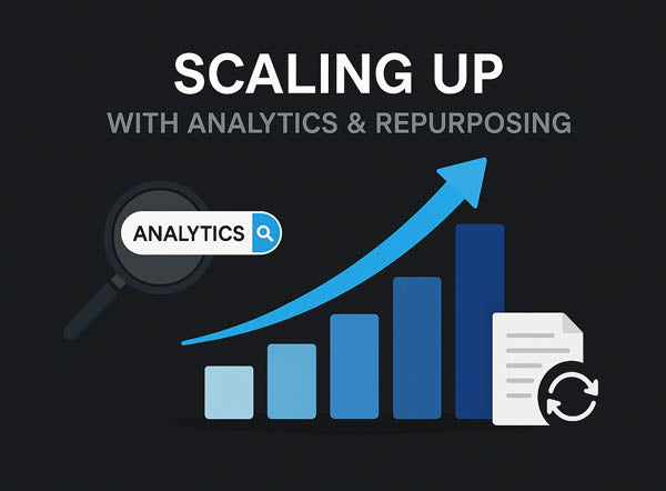 Illustration showing scaling with analytics and repurposing, featuring a magnifying glass labeled analytics, rising bar chart with an upward arrow, and a document with a repurposing cycle icon.