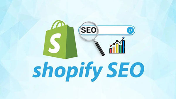 Shopify SEO graphic showing the Shopify logo, a search bar with a magnifying glass labeled SEO, and a growth chart representing search optimization and analytics.