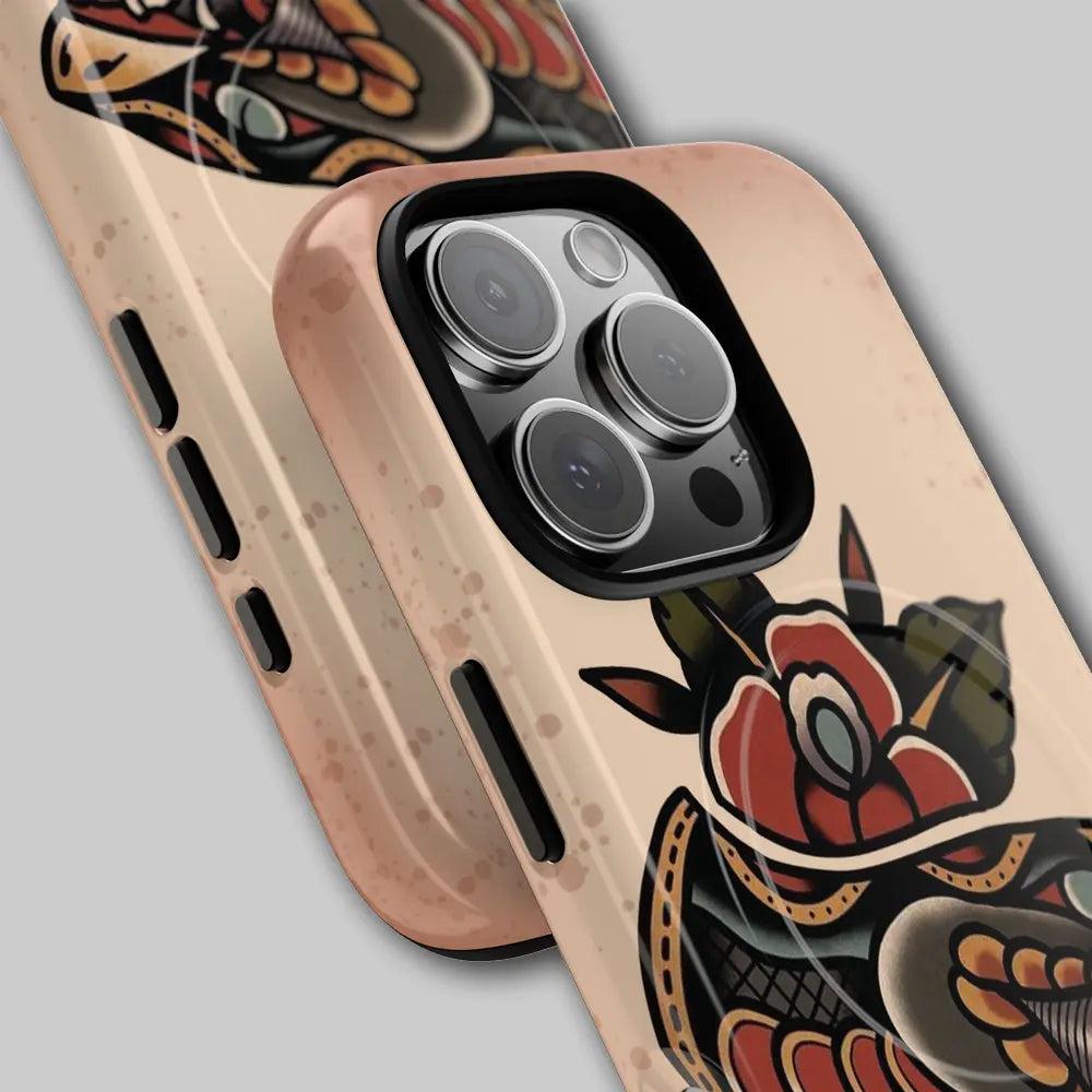 Close-up of magnetic ring alignment in vintage snake art.