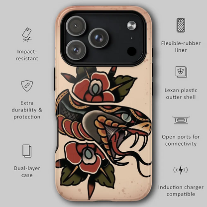 Graphic showing MagSafe snap-on features and shock absorption.